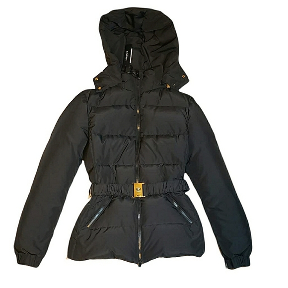 Versace Coat Black Down with Cinched Belt Gold Medusa Waist